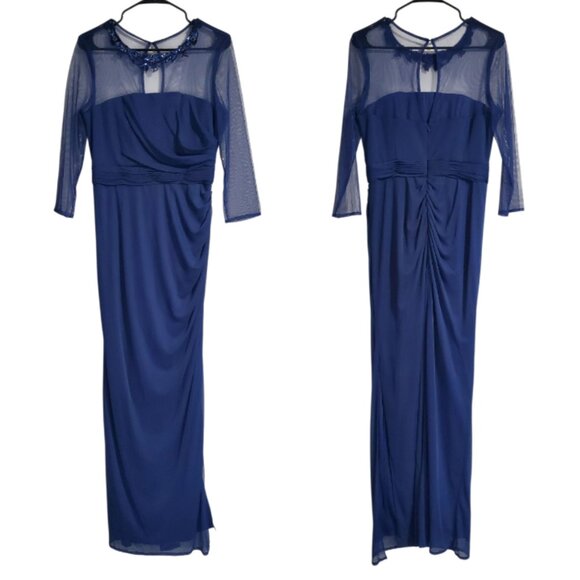 JS Collection Event Formal Ruched Navy Blue 3/4 Sleeve Slit Dress - Size 8 - Picture 1 of 10